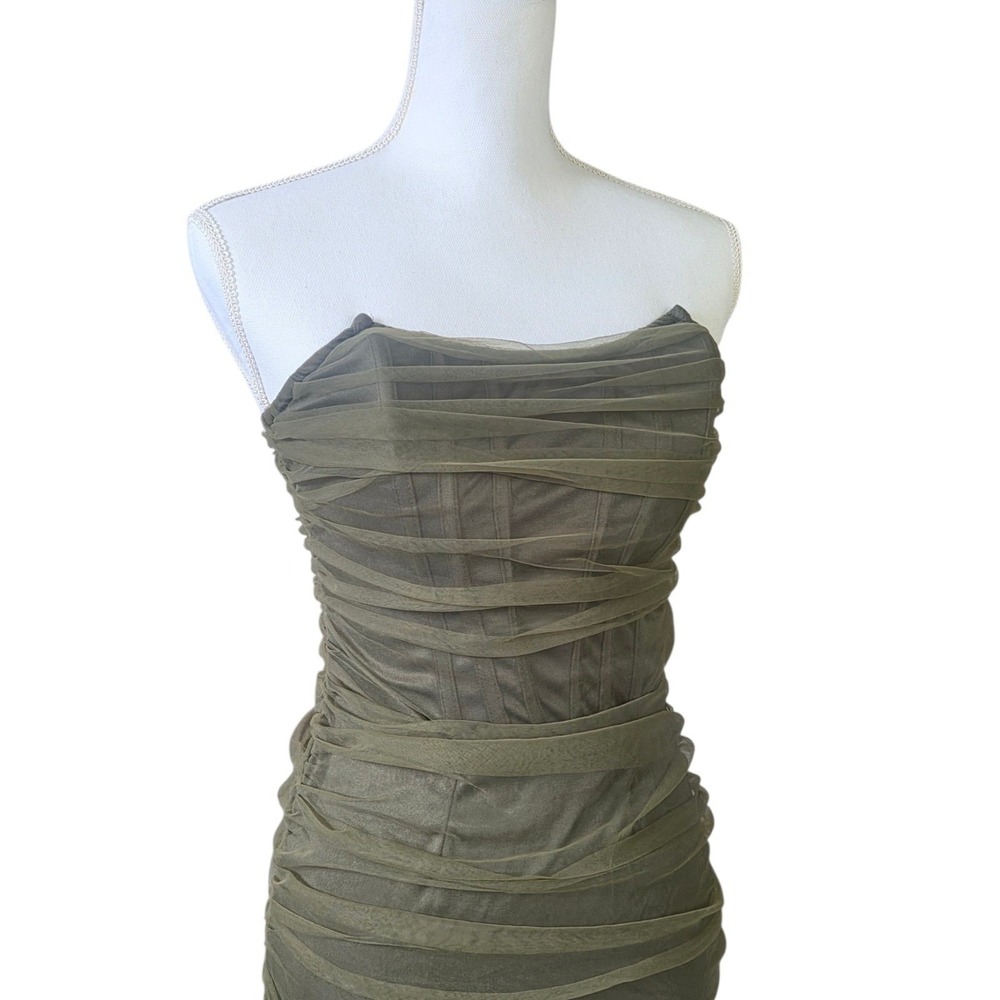 Forest Fairy Olive Mesh Corset Mini Dress Ruched Mythical Earthy Pixiecore